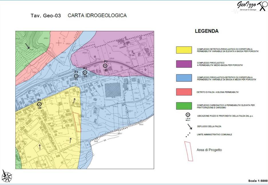 Carta idrogeologica con complessi a diversa permeabilità e ubicazione pozzi