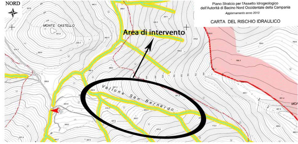 Carta del rischio idraulico con area di intervento e Vallone San Bernardo